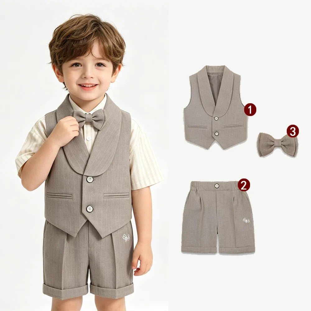 3Pcs Toddler Boy Gray Vest Suit Striped Short Sleeve Shirt Bow Tie Shorts Kids Wedding Baptism Birthday Gentleman Formal Outfit