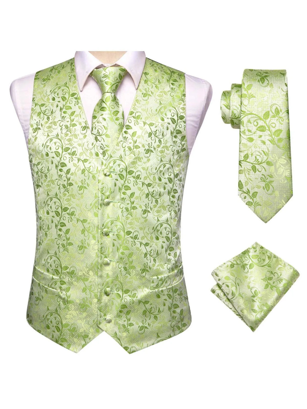 Men's Satin Jacquard Vest 3-Piece Set for Wedding & Banquet – Green