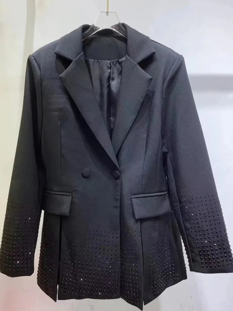 2026 Spring Autumn New Women's Blazer Notched Collar Double Breasted Split Studded Diamonds High-end Elegant Jacket HK18785