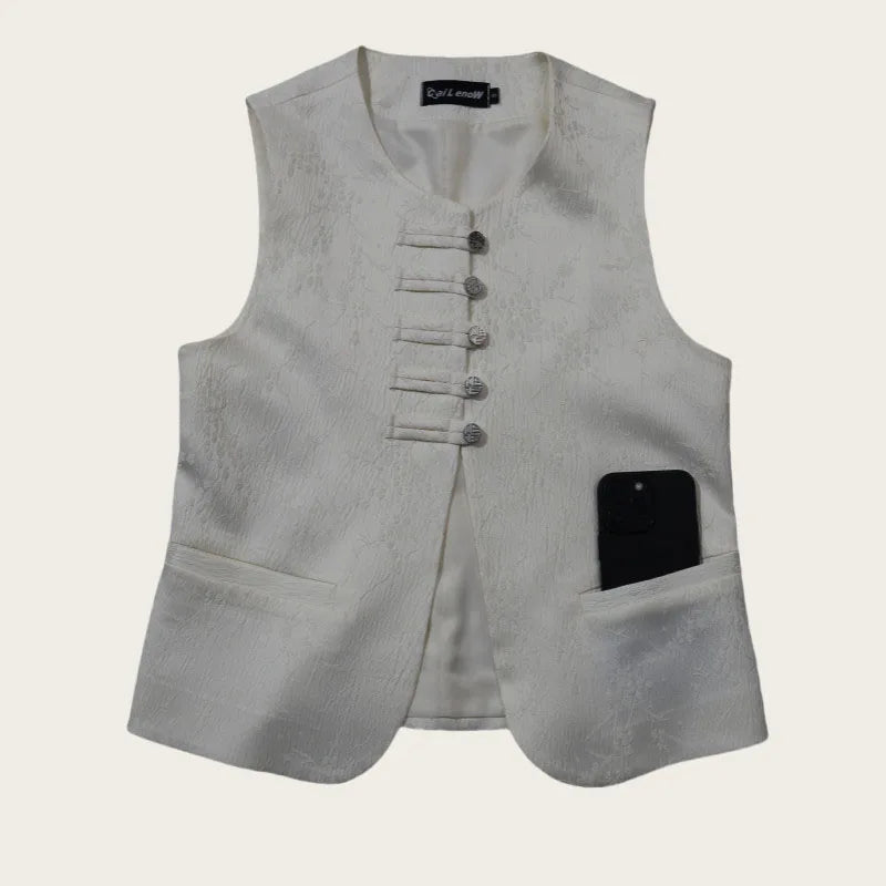 New Chinese Style Buckle Vest Coat For Women New Spring Autumn O-Neck Embroidery Sleeveless Jacket Fashion Jacquard Waistcoat