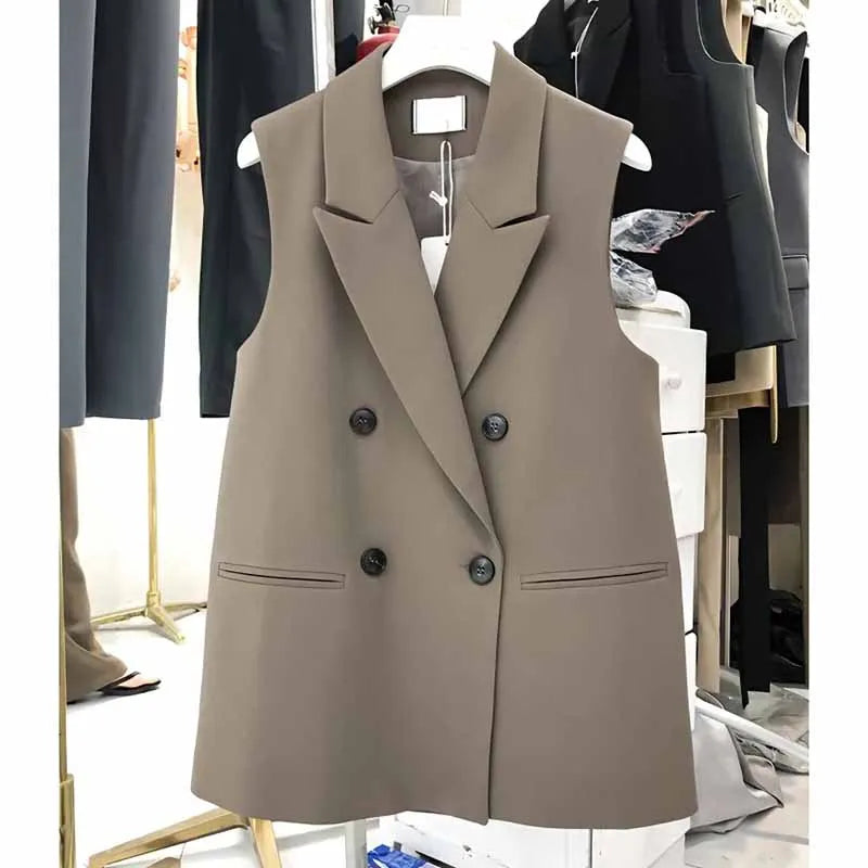New Korean Women Loose Black Vest Suit Jacket Female Spring Autumn Leisure Solid Color Sleeveless Waistcoat Cardigan Vest Coat