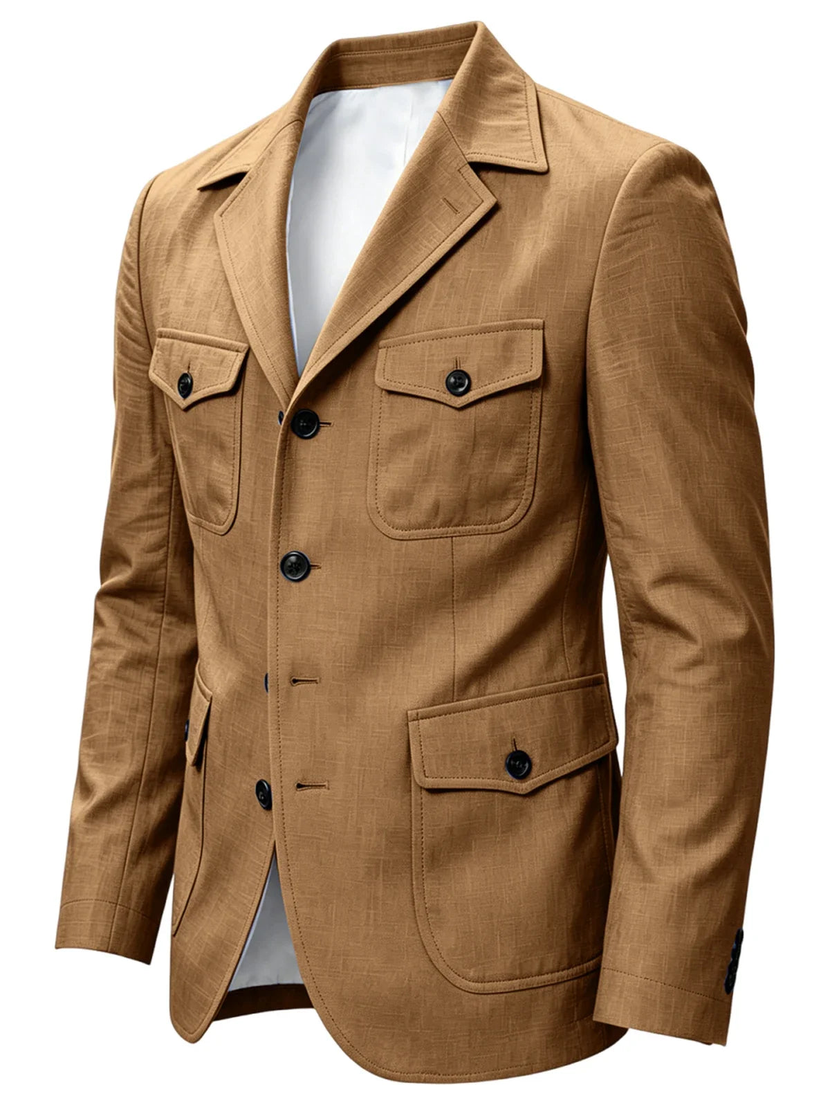 Men's Linen Safari Blazer Four Flap Pockets Slim Soft Jacket Casual Business Coat For Street Outdoor Vacation Party Daily Travel