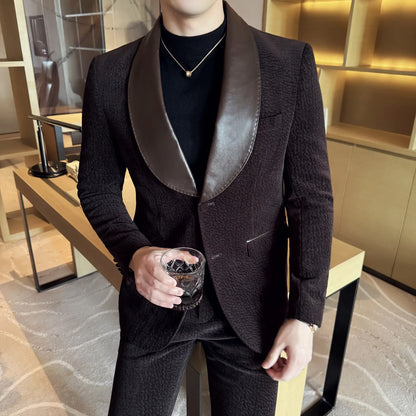 British Style PU Patchwork Suit for Men Casual Business Wedding Suits 2 Pieces Set (jacket+pant) Office Work Party Prom Suit