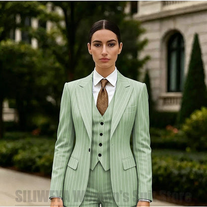 White Striped Women Suit 3 Piece Chic Peak Lapel One Button Blazer Vest Pants Formal Office Business Wedding Party Wear