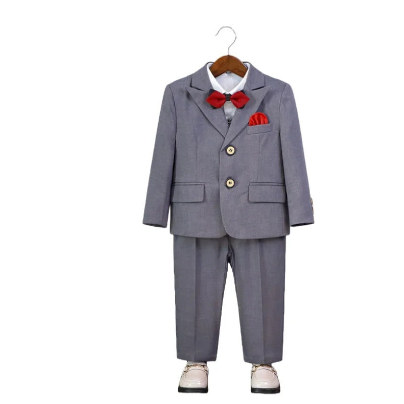 Children's Spring Autumn Blazer Set For Wedding Kids Jacket Vest Pants Bowtie+Pocket Towel 5Pieces Formal Birthday Party Wear