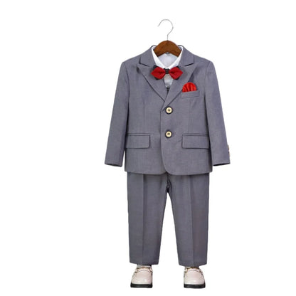 Boys Slim Fit Suit Set Kids Wedding Birthday Outfit Children's Performance Costume With Jacket Vest Pants Bowtie+Pocket Towel