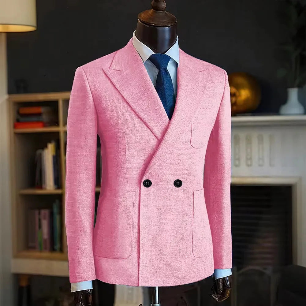 Classic Men Linen Blend Suit Blazer Double Breasted Peak Lapel Man Formal Jacket  Business Slim Fit Lightweight Coat For Wedding