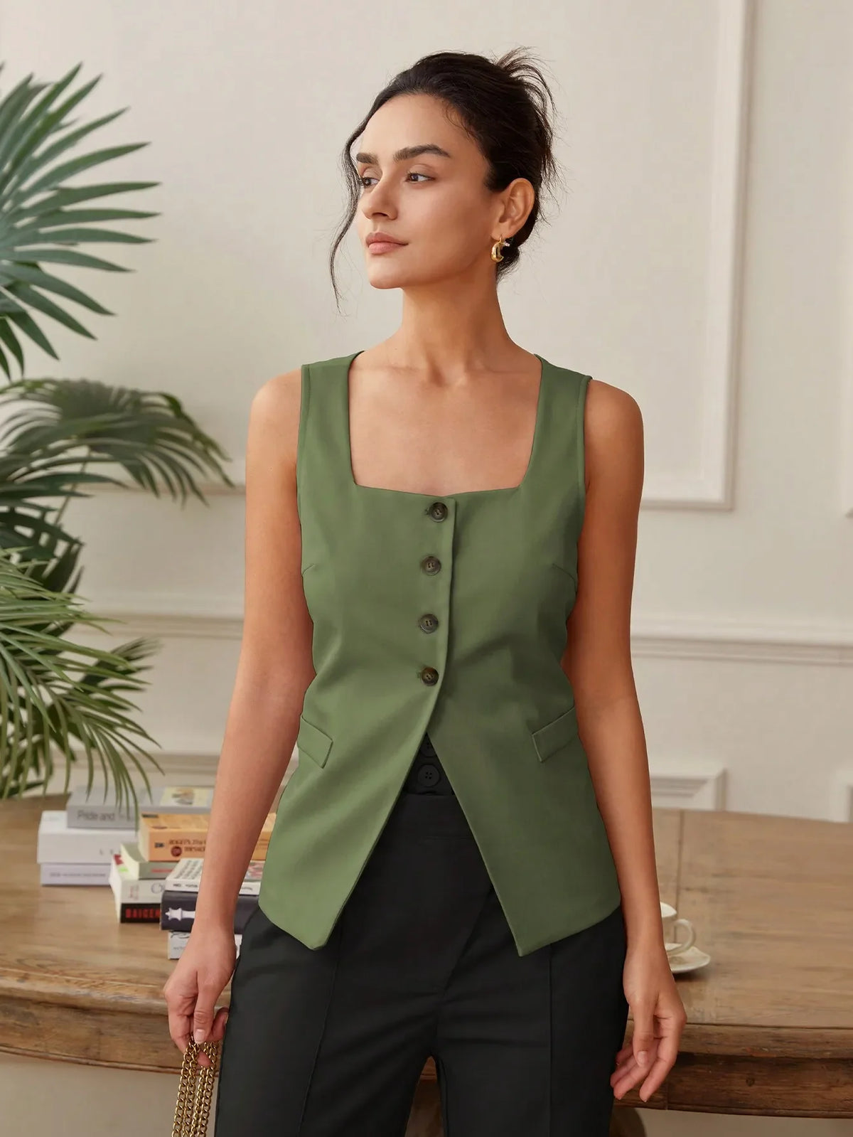 Summer temperament commuter vest vest solid color waistband square collar wide shoulder waistcoat