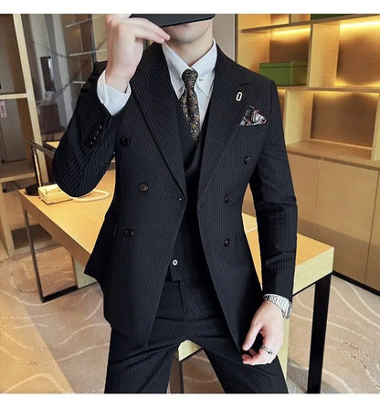 Korean Slim Fitt Wedding Suit Fashion Striped Double Breasted Suit 3 Piece Set Business Formal Casual Party Prom Host Suits