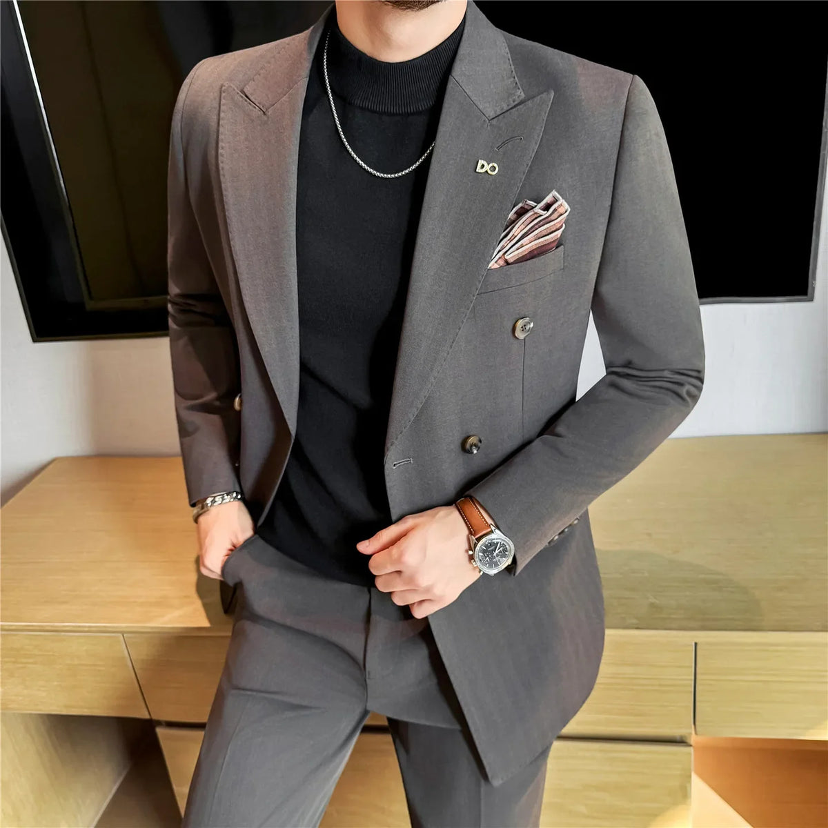 (Jackets+Pant) High Quality Dark Striped Double Breasted Suit Luxury Men Fashion Elegant Tuxedo Formal Groom Wedding Social Suit