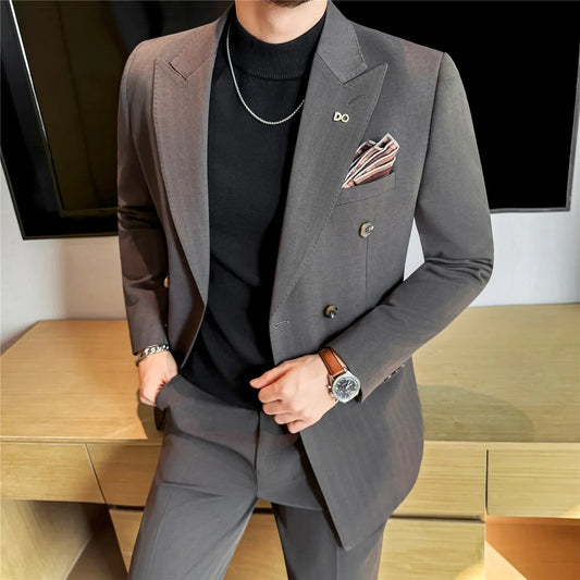 (Jackets+Pant) High Quality Dark Striped Double Breasted Suit Luxury Men Fashion Elegant Tuxedo Formal Groom Wedding Social Suit