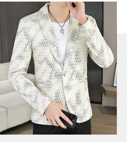 Korean Fashion Suit Jacket Men Slim Fit Geometric Printed Casual Business Blazers Autumn Social Groom Hairstylist Uniform Jacket