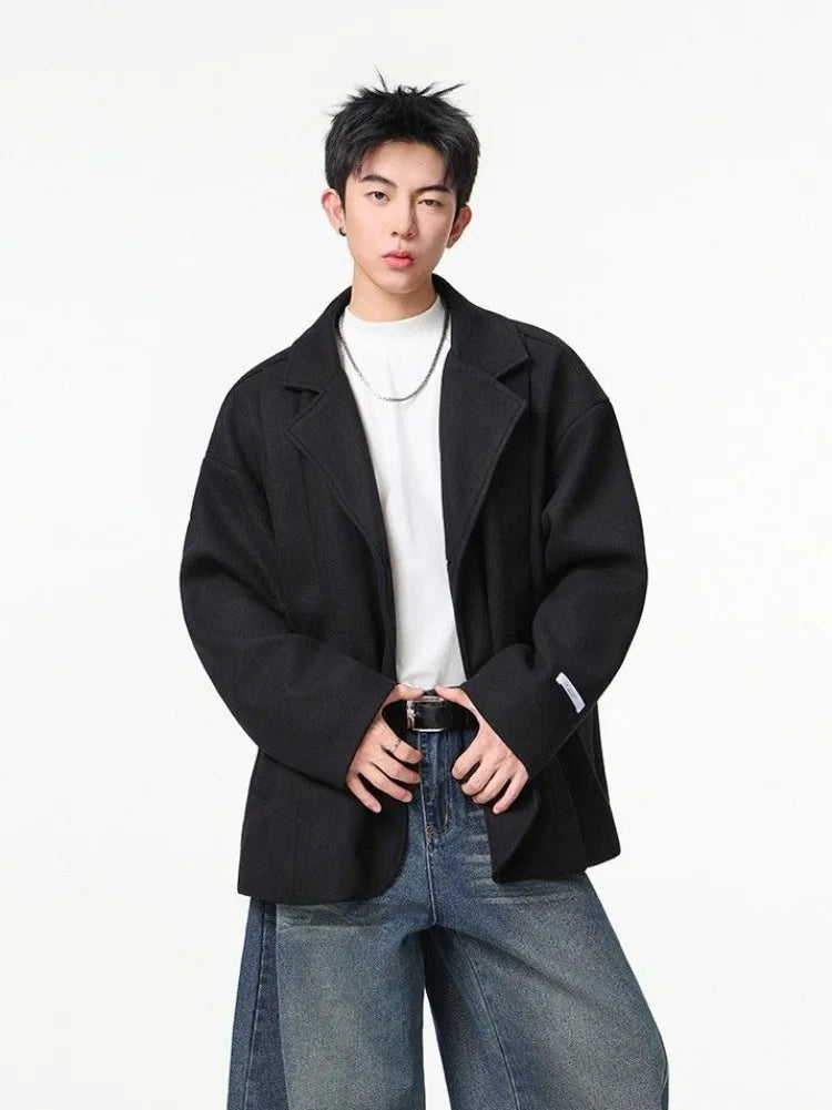 Men's British Style Brown Wool Blend Blazer Korean Loose Lapel Chic Autumn Fashion Suit Jacket