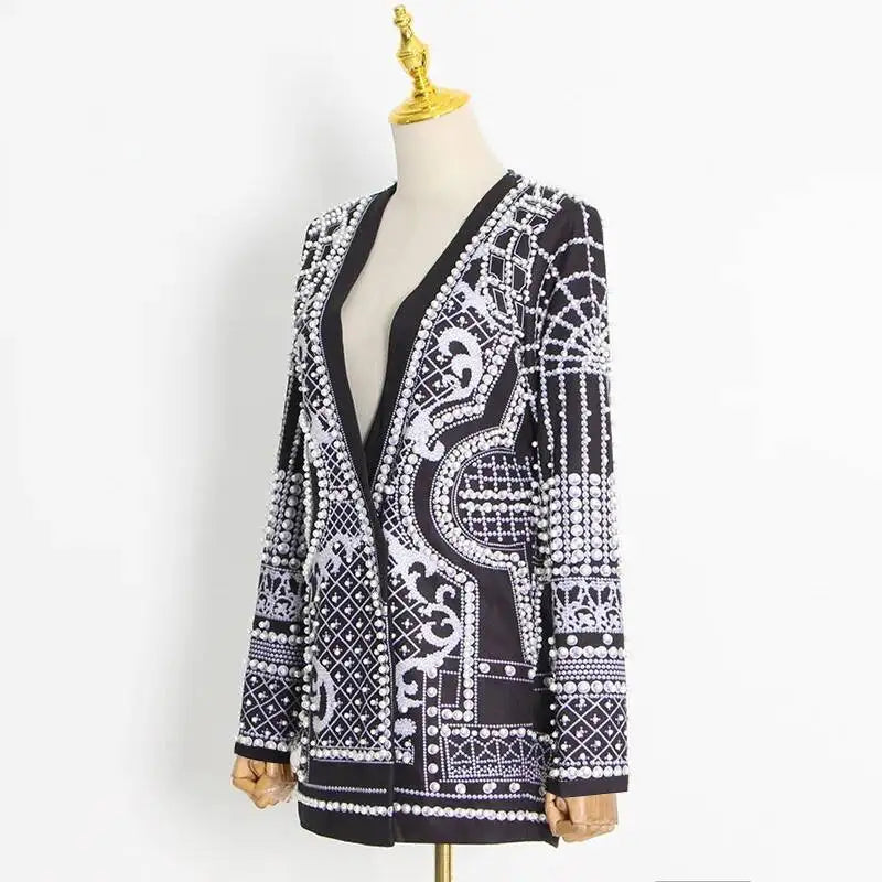 Autumn New Women's Elegant Fashion Luxury Heavy Craft Beaded Printed Coat Stylish V-neck Long Sleeve High-end Blazer HK8297