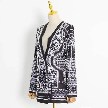 Autumn New Women's Elegant Fashion Luxury Heavy Craft Beaded Printed Coat Stylish V-neck Long Sleeve High-end Blazer HK8297