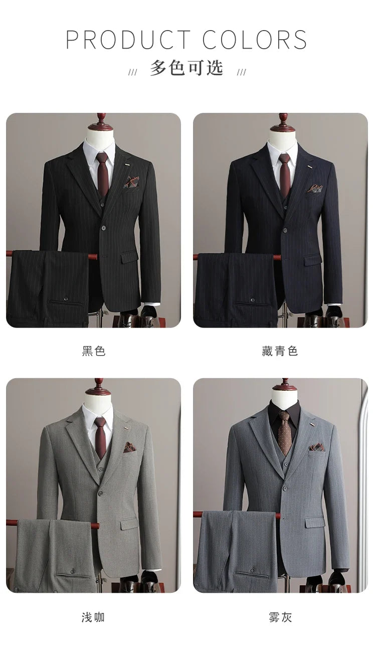 A Stylish and Cool Striped Casual Business Three-Piece Suit Set for the Autumn of 2025, a High-Quality Wedding Suit