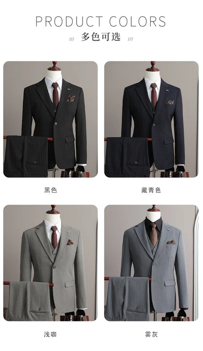 A Stylish and Cool Striped Casual Business Three-Piece Suit Set for the Autumn of 2025, a High-Quality Wedding Suit