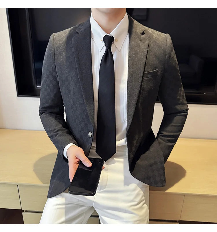 2024 Spring Plaid Blazers Men Single Breasted Casual Business Suit Jacket Fashion Slim Social Banquet Wedding Groom Dress Coats