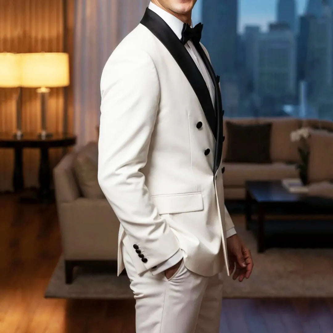 Men Suit White 2 Piece Double Button With Bright Black Lapel For Wedding Birthday Banquet Party Prom Business Work Jacket Pants
