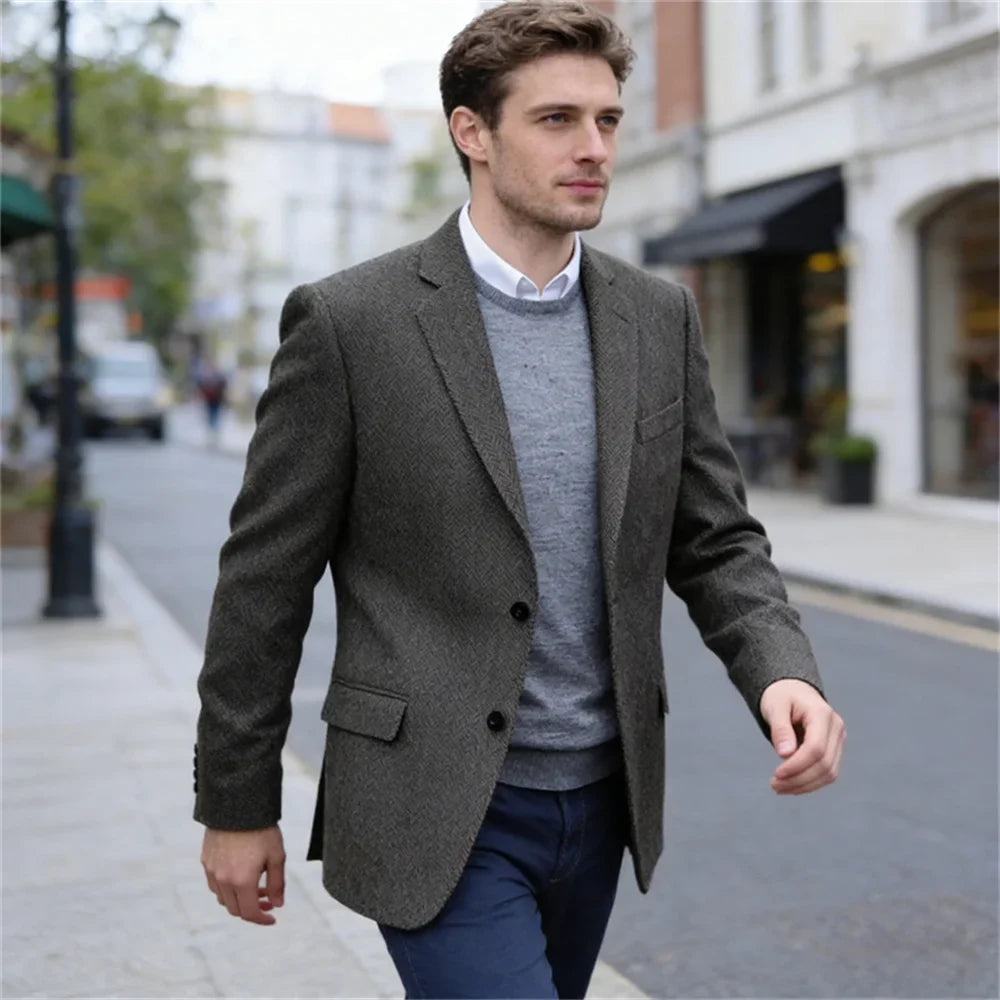 Premium Men's Suit Gray Blazer Prom Tuxedos Herringbone Tweed Single Breasted Formal Bussiness Jacket for Wedding Daily Wear