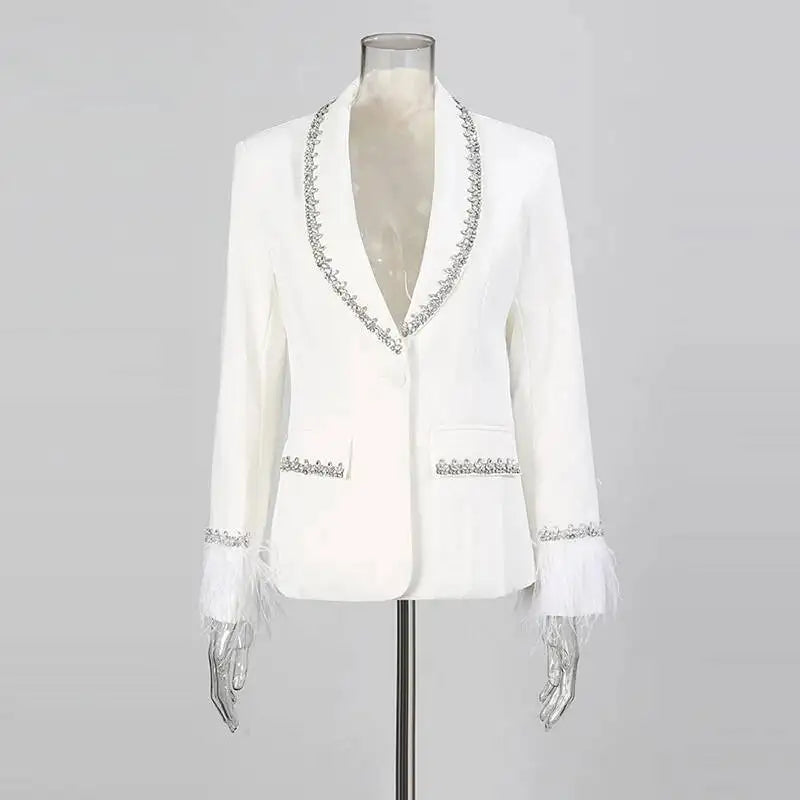 Women Blazer Studded Diamonds Patchwork Cuff Feather Single Button Slim Fit Elegant Jacket High-End Coat New Spring HK11098