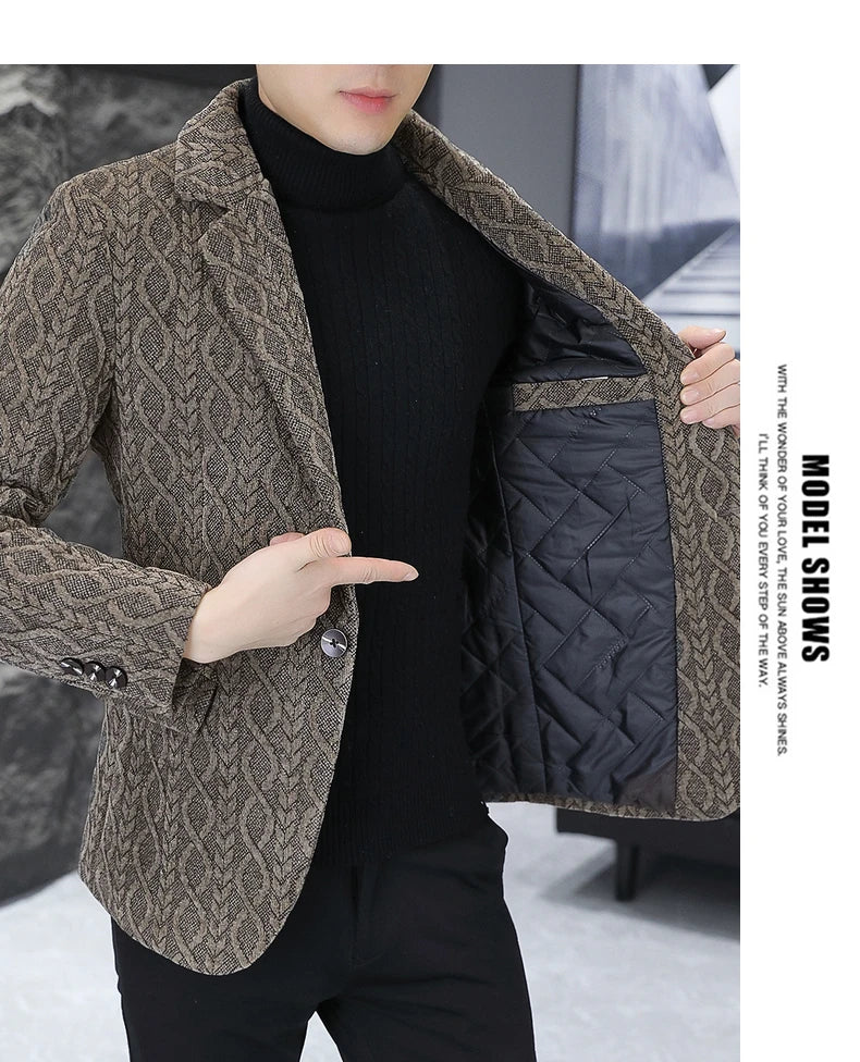 Blazer Autumn/Winter Golden Sable Velvet and Cotton Thickened Thermal Small Suit Fashion Business Men's Slim Blazer