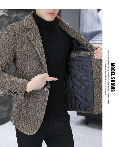 Blazer Autumn/Winter Golden Sable Velvet and Cotton Thickened Thermal Small Suit Fashion Business Men's Slim Blazer