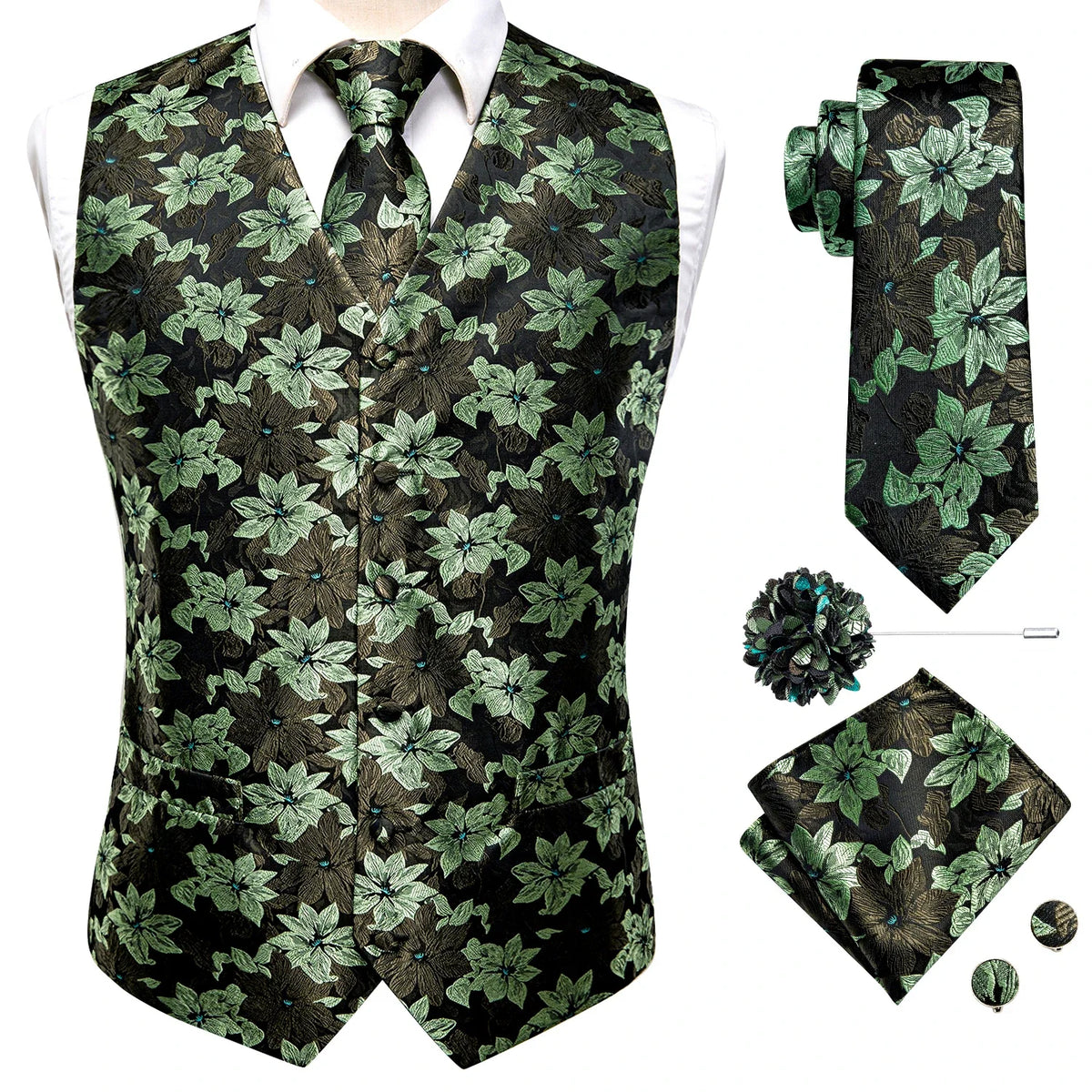 Men's Suit Vest 4-Piece Set | Woven Paisley Waistcoat with Tie, Pocket Square & Cufflinks | Wedding & Business Formal