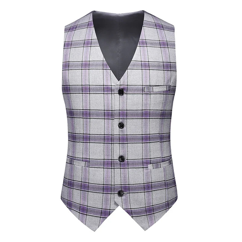 Men's Three-Piece Plaid Suit Set – Slim Fit Wedding & Business Formal with Vest and Trousers
