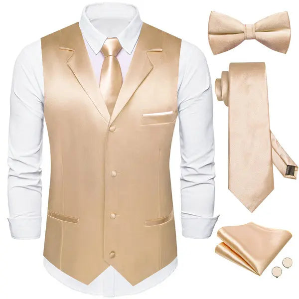 Men's Satin Waistcoat 5-Piece Set with Rose Gold Lapel – Vest, Necktie, Bow Tie, Pocket Square & Cufflinks