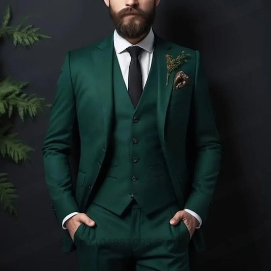 3 Pieces Solid Men's Tuxedo Suits Peak Lapel Groomsmen Wedding Set with Jacket Pants And Vest for Busienss Prom Party Men Outfit