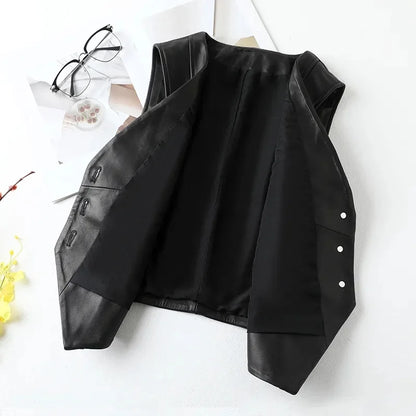 2024 New Spring Women's Casual V-neck Button Imitation Leather Fine Cut Black Vest Female Waistcoat Sleeveless Jacket