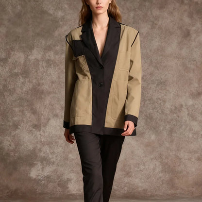 Women Blazer Elegant Contrast Color Deconstructed Trendy Multi-pocket Safari Style Patchwork Design Niche Suit-Coat HK25482
