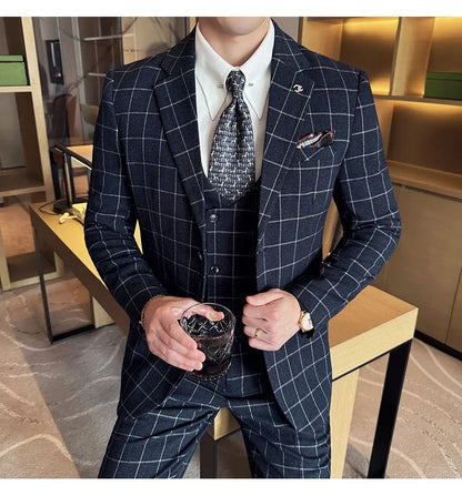 Men's 3-Piece Slim Fit Plaid Suit – Jacket, Vest & Pants for Weddings, Office & Formal Occasions