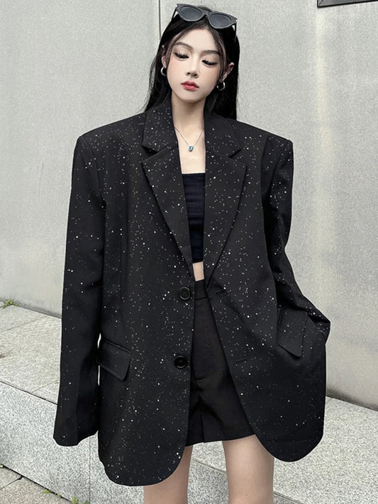 Dark Cool Design Sparkling Sequin Women's  Loose Fit Spring 2026 Fashion Outerwear Polyester Long Sleeve Single Button