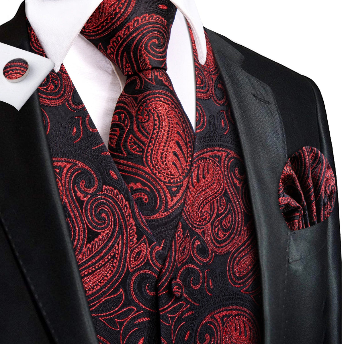 Men's Vest Tie Hanky Cufflinks Set – Wine Black Paisley Jacquard for Weddings & Formal Events