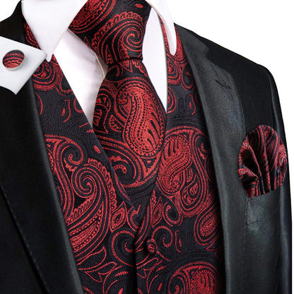Men's Vest Tie Hanky Cufflinks Set – Wine Black Paisley Jacquard for Weddings & Formal Events