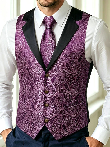 Men's Jacquard Paisley Vest Notched Lapel 3-Piece Set for Weddings & Formal Events – Purple