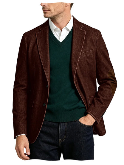 Men's Denim Blazer Suit with Suede Elbow Patches – Slim Fit, Casual & Business Wear
