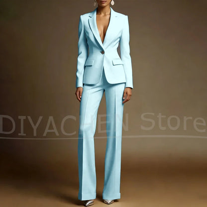 Women's White Suit Set Slim Fit Two Piece Jacket and Wide Leg Pants Office Casual Formal Occasions Elegant Female Outfit