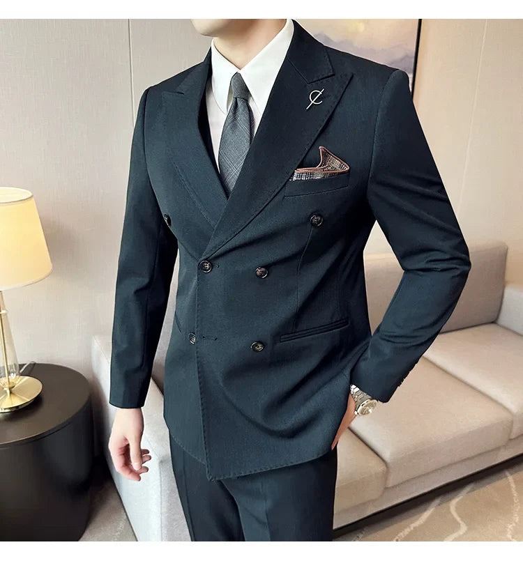 (Jackets +Pants ) Men's Suits 2 Piece High-Quality Double Breasted Lapel Solid Business Groom Wedding Tuxedo Banquet Clothing