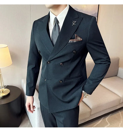 (Jackets +Pants ) Men's Suits 2 Piece High-Quality Double Breasted Lapel Solid Business Groom Wedding Tuxedo Banquet Clothing