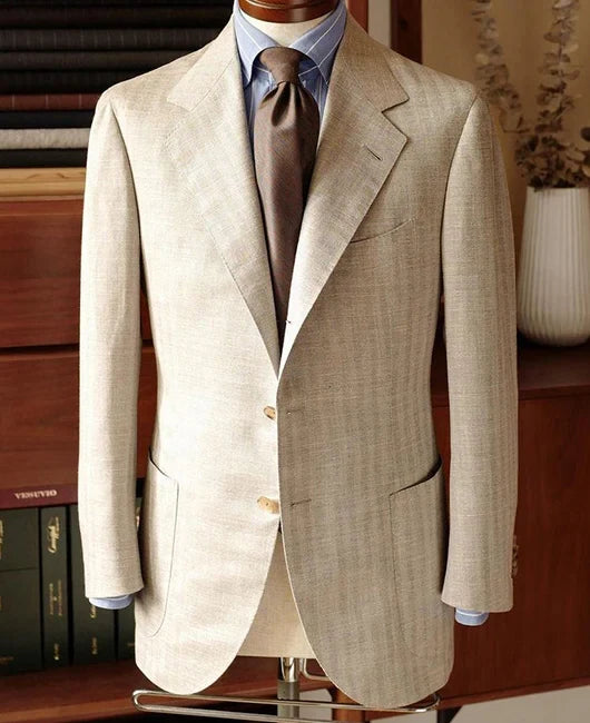 Men Light Beige Herringbone Linen Blazer Single Breasted Notched Lapel Slim Fit Business Wedding Casual Suit Jacket