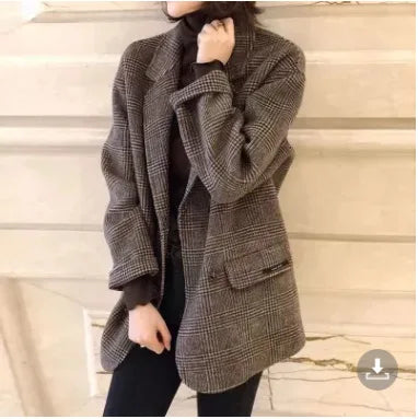Women's Slim Fit Blazer Autumn Mid-Length Lapel Coat Contrast Cuff Detail Elegant Office & Commute Outerwear