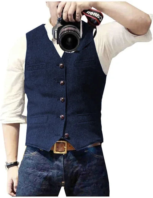 Men's Waistcoat Herringbone Wool Blend V-Neck Single Breasted Vest for Weddings and Smart Casual