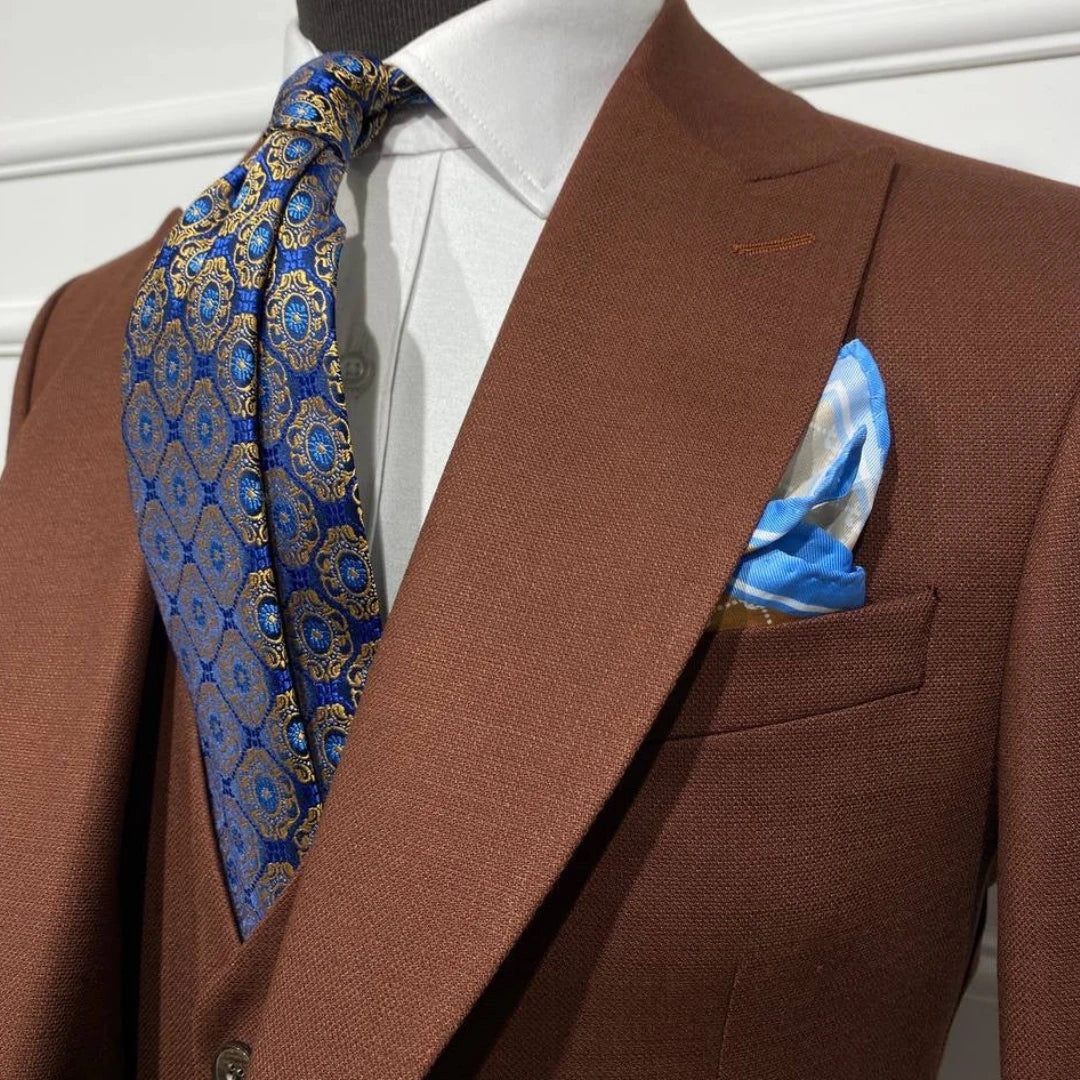 Men Suit Brown 3 Piece With Lapel Single Breasted Solid For Wedding Groom Birthday Banquet Party Business Work Jacket Vest Pants