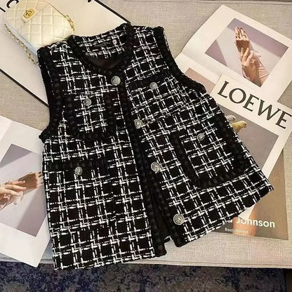 Spring Autumn Women's Vest New Plaid Single-breasted Sleeveless Small Fragrance Jacket Female Waistcoat Outerwear Chaleco Mujer