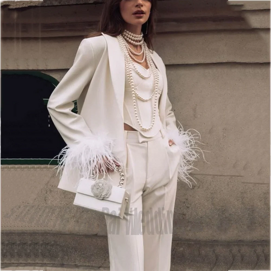 White Women Suit Luxury Feather Peaked Lapel Single Breasted Elegant Outfit Formal Clothes Party Wedding Blazer Set 2 Piece