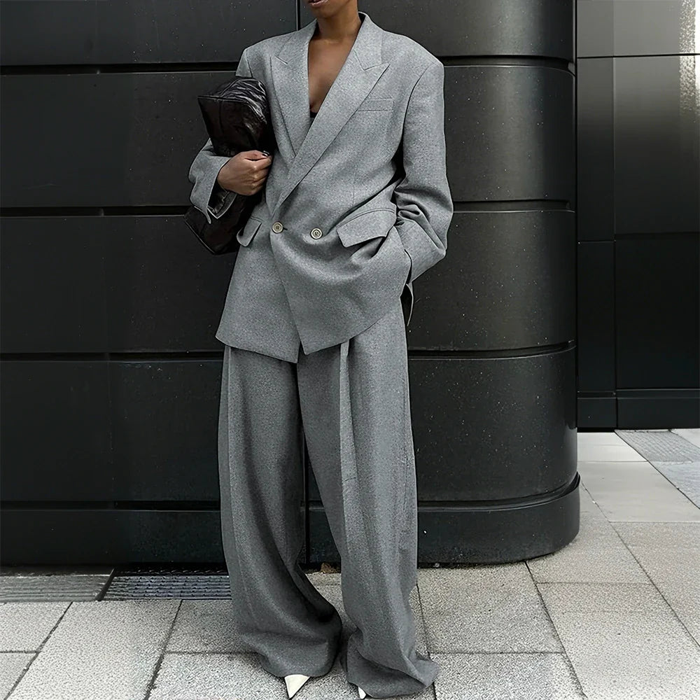 Gray Woolen Office Lady Suit Stretch-comfort Double-breasted Peak-lapel 2Pieces(Jacket+Pants) Casual Oversize Business Women Set