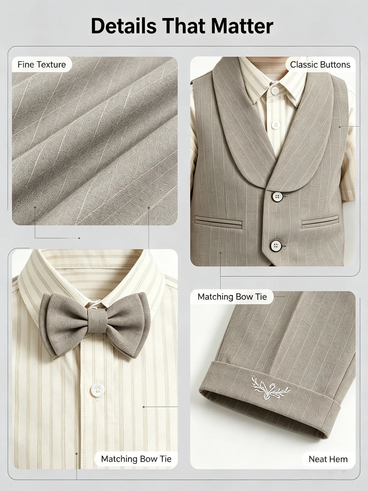 3Pcs Toddler Boy Gray Vest Suit Striped Short Sleeve Shirt Bow Tie Shorts Kids Wedding Baptism Birthday Gentleman Formal Outfit